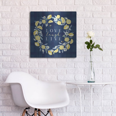 Art mural en métal luxueux «Live Laugh Love Lemon Wreath» par Elizabeth Tyndall