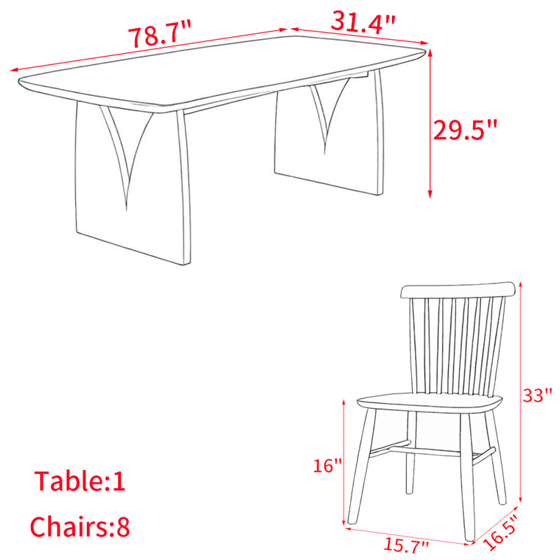 Ensemble de table de salle à manger rectangulaire moderne en bois massif, H 29,5 po x L 78,7 po x l 31,4 po