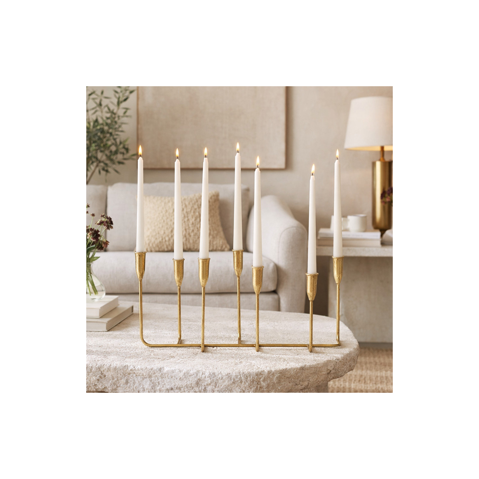Modern Metal Candelabra Holder, Gold, 10" H x 20.6" W x 7.4" D