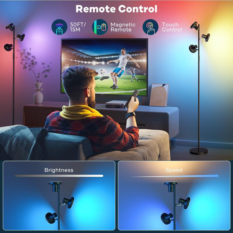 Lampe sur pied à DEL avec télécommande et contrôle tactile, lampe sur pied à intensité variable de 36 W, 3 lumières rotatives pour salon moderne, chambre à coucher, bureau