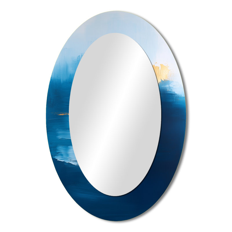 Minimalisme bleu océan paysage IV - miroir décoratif ovale abstrait sur métal, 36 po x 24 po