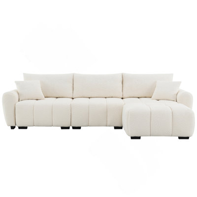 Canapé modulaire de 110 po en forme de L avec siège très grand, conception en ligne, repose-pieds mobile, mousse haute densité, combinaison libre, structure en métal et bois robuste, tissu bouclé, 3 couleurs