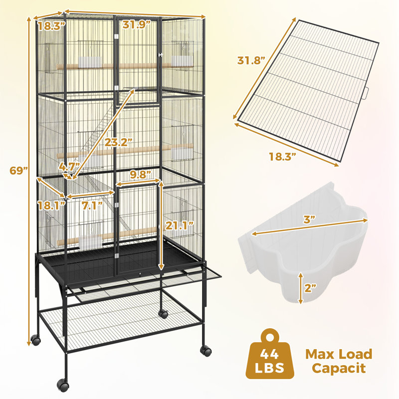 Très grande cage à oiseaux de 69 pouces, cage à oiseaux en fer forgé avec tablette de rangement pour perroquets de taille moyenne