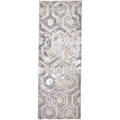 8' Gray Taupe And Silver Abstract Runner Rug