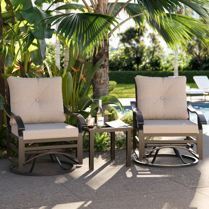 2 - Person Outdoor Swivel Metal Glider Seating Group With Side Table, Beige