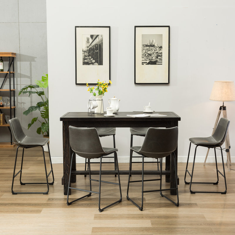 Industrial Counter Height Dining Set, Weathered Wood Table & PU Leather Chairs, Metal Frame, Gray, 7