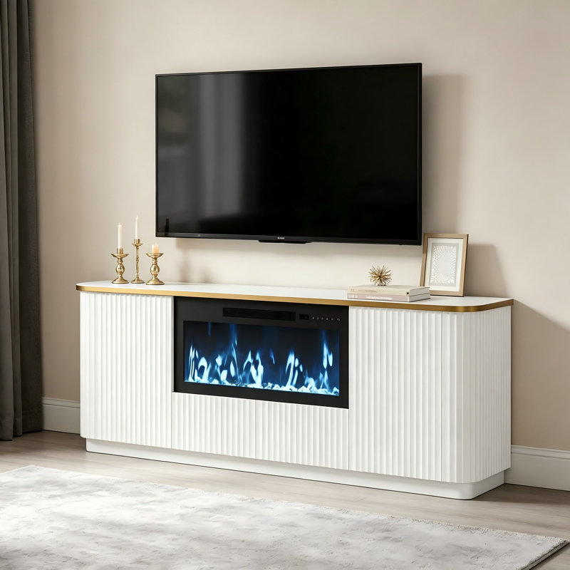 70" Fluted Tv Stand For Tvs Up To 80" With Fireplace Included, White, White, Yes