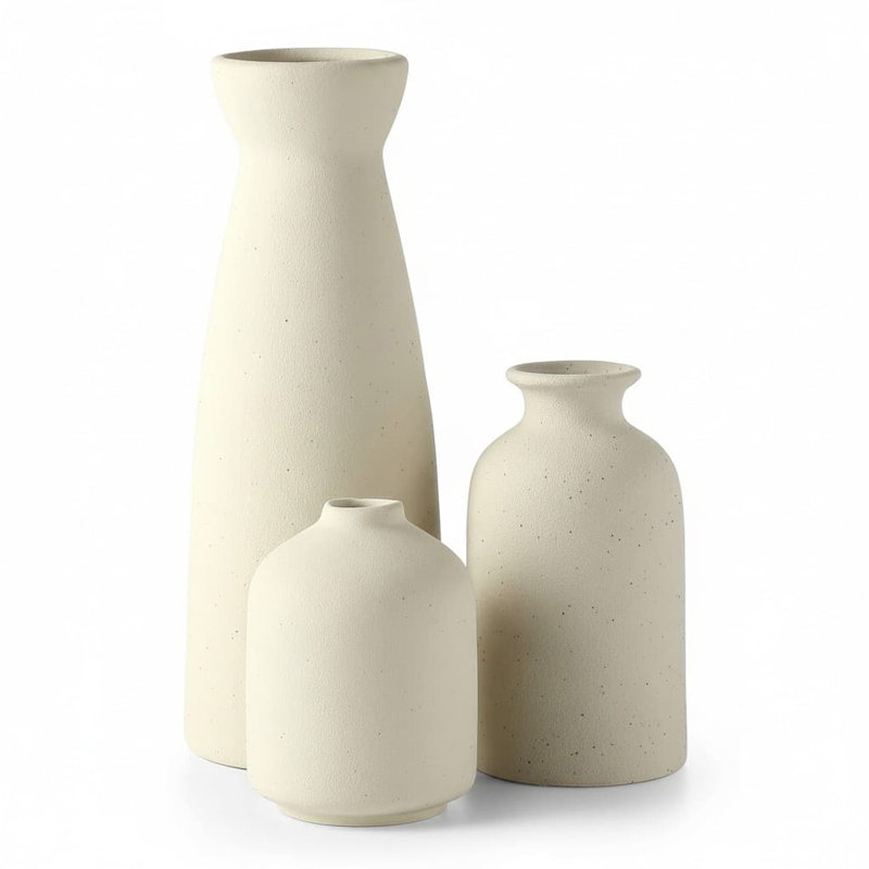 3Pcs 8.3" Boho Ceramic Vases, Distressed Decor for Table & Shelf, Beige