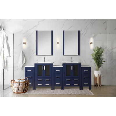 Navy Blue, Double Bath Vanity, 84 In. W, White Ceramic Top, Faucet, 22 Mirrors, Side Cabinets, Long - Lasting, Scratch And Stain Counter, Faucet Wearing, Surface,