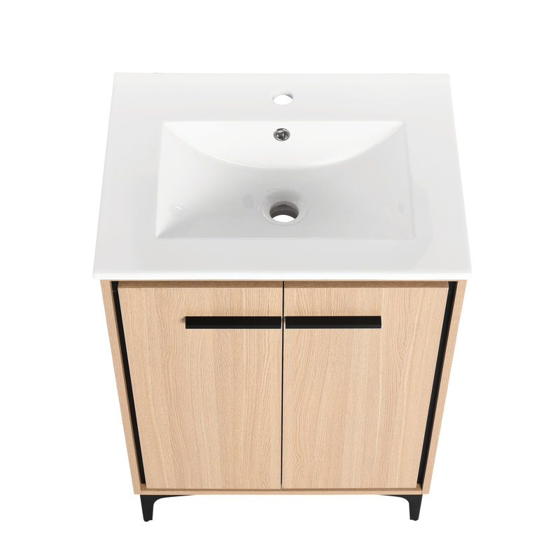 Armoire de salle de bain 24 po, lavabo et espace de rangement, matériau en bois d'ingénierie, couche de preuve, instructions d'assemblage faciles, déclaration de style américain, meuble-lavabo 24 po avec lavabo couleur chêne