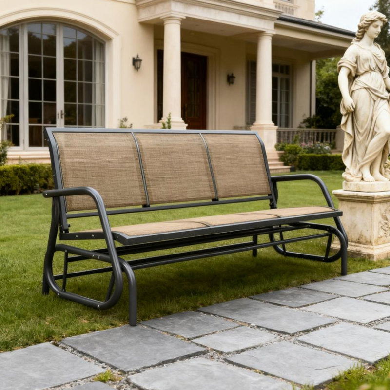 Outdoor Glider Bench, 3 - Seater, Breathable Mesh, Steel Frame, 55.1" , Mixed Brown Patio Bench With Seats, Metal 57.9"x27.6", Max Load 660 Lbs
