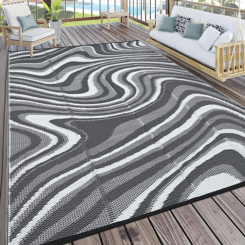 Waterproof Outdoor Rug – Modern Striped Plastic Straw Patio Carpet, Reversible UV Resistant Mat, Easy Clean for Camping, Picnic, RV, Deck, Backyard – Black/Gray/White, 5x8ft (152x244cm)