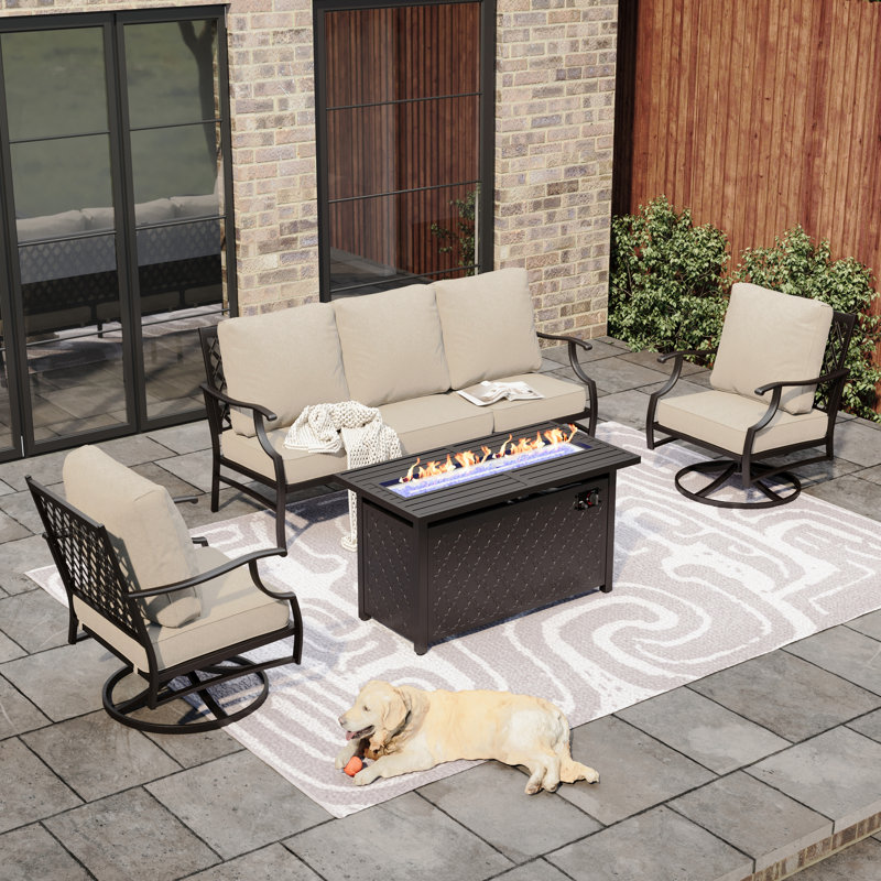 Asfand 5 - Person Patio Conversation Set with Swivel Lounge Chairs & Firepit Table, Beige