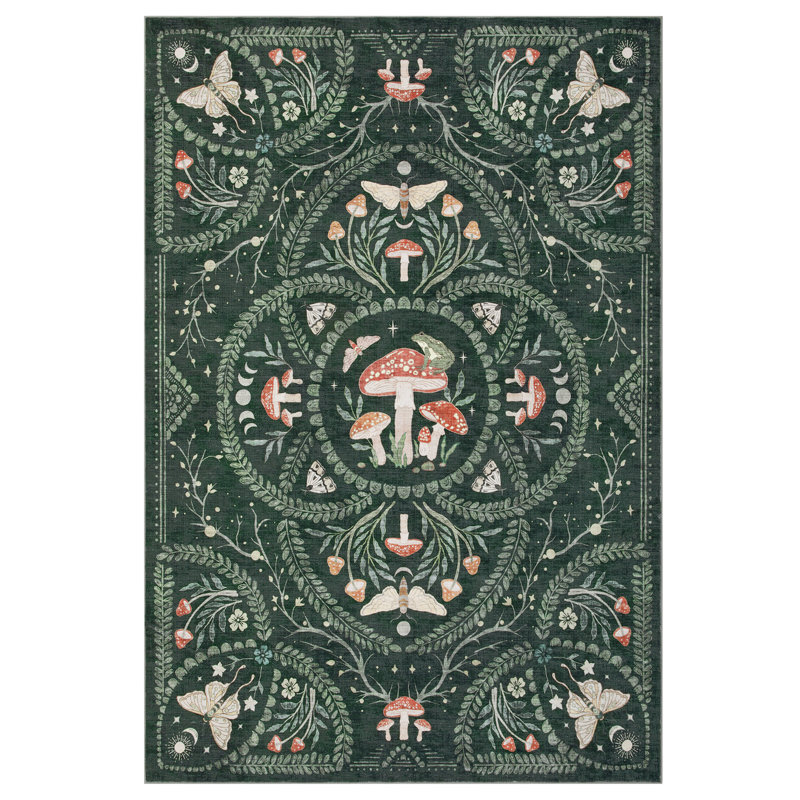 Tapis à poils courts à motif champignon gothique pour salon, chambre et cuisine, Vert, 8 x 10 pi