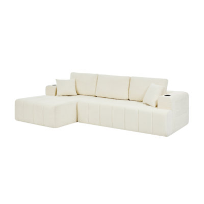 L-Shaped Chenille Sectional Sofa, Cloud Style Boneless Sofa with Chaise, Modern Upholstered Couch with Cup Holders & Side Pockets, Compression Sofa for Living Room, No Assembly Required