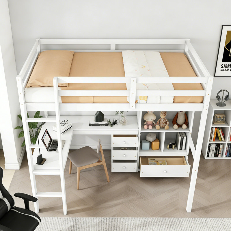 Lit double en bois massif Loft avec bureau, tablettes et tiroirs de rangement, échelle intégrée, Blanc