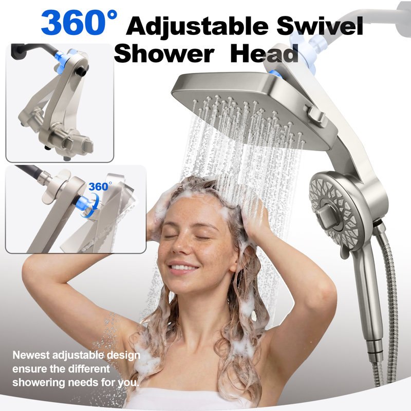 Spa-Style Dual Shower Head System With Magnetic Handheld Dock, Rainfall Shower Head & 5-Spray Handheld, 3-Way Diverter, Adjustable Angle, Tool-Free Installation