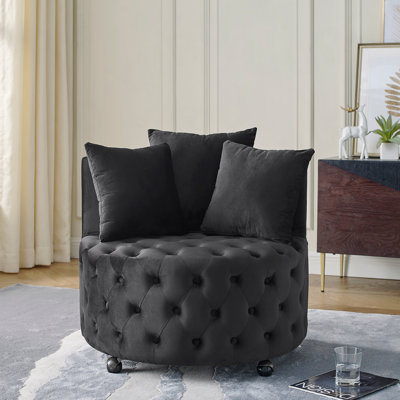 Velvet Upholstered Swivel Chair For Living Room, With Button Tufted Design And Movable Wheels, Including 3 Pillows, Black