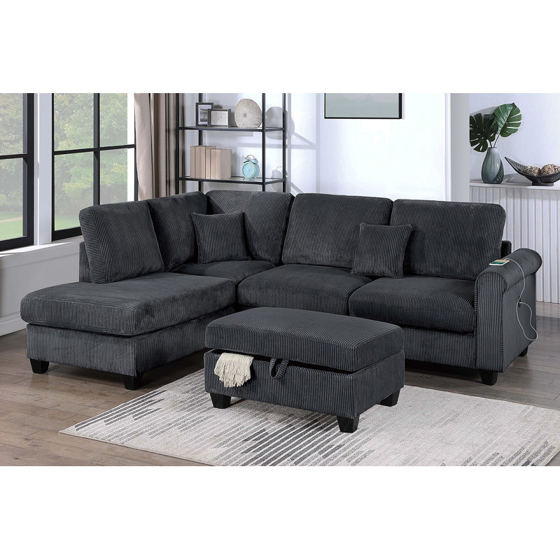 Contemporary Style 3Pc Sectional Set Right Arm Chaise Left Arm Sofa W/ USB Port Storage Ottoman Throw Pillow Wooden Legs Black Finish Primary Living Room