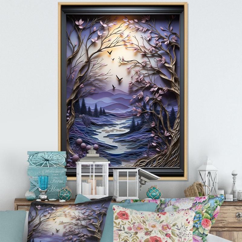 «Mauve Winter River Landscape Collage I», art mural paysage d'hiver, Cadre flottant brun, H 32 po x l 24 po