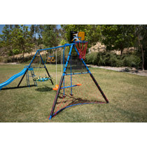 Fitness Reality Kids Premiere Fitness Metal Swing Set Belt Swing Playground  with Trampoline