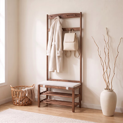 31"Wide Solid Oak Wood Hall Tree with Shoe Storage and Shelves