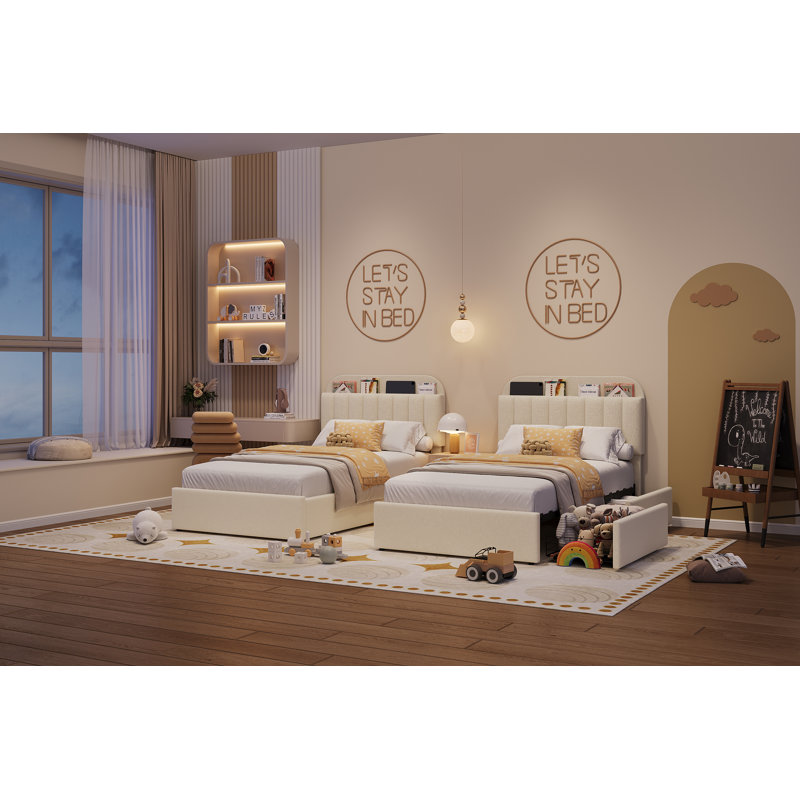 Bed Frame with 2 Storage Drawers, Kids Bedframe with Storage Headboard, Upholstered Bed Frame, Twin, White