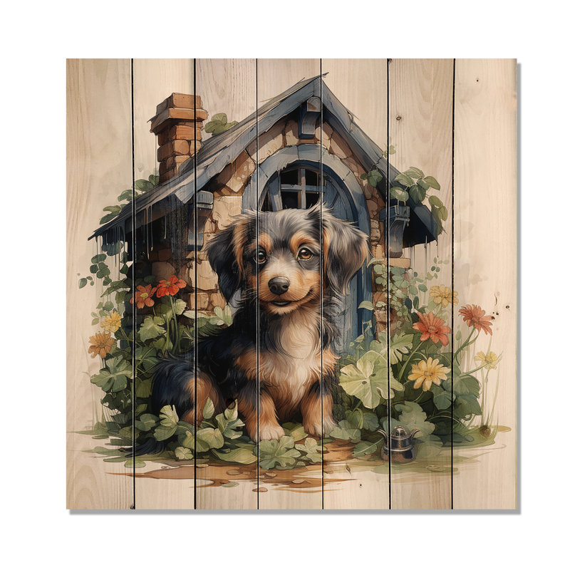 «Puppy Doghouse Blooms I» - impression sur bois, H 36 po x l 36 po