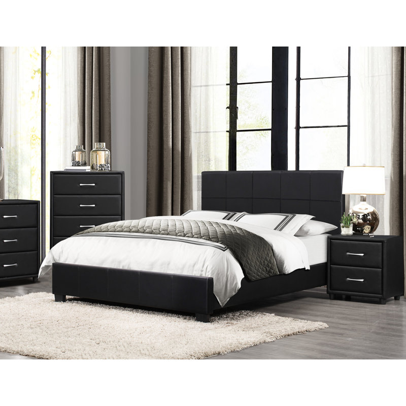 Chambre 2 Table de chevet en similicuir noir avec poignées ton argent