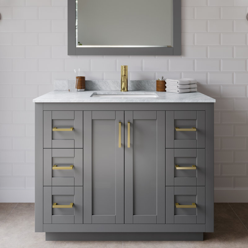 Miranda 42" Freestanding Single Bathroom Vanity with Marble Top with 34" Mirror, Brushed Gold, Dark Gray