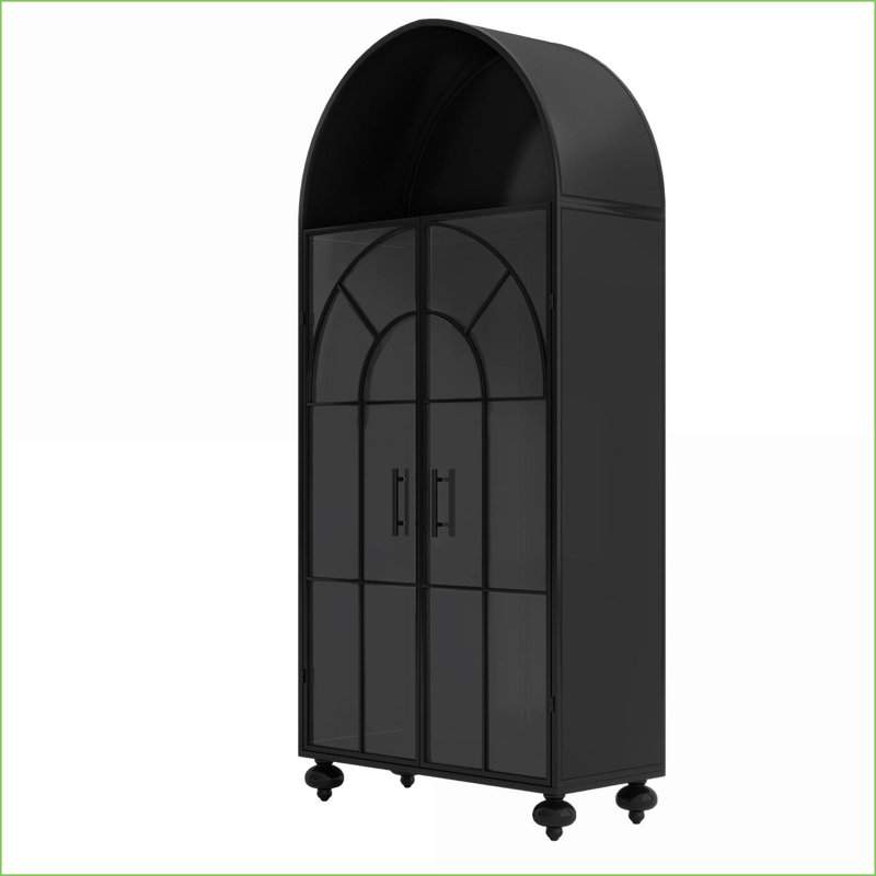Armoire de rangement de 65,3 po de style industriel arqué avec portes en verre Tablettes | Acier | Verre trempé