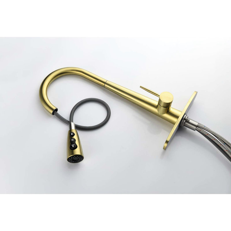 Robinet d'évier de cuisine avec poignée simple et tirette en acier inoxydable doré brossé - rotation de la buse à arc élevé sur 360 °, réglages du débit / débit / débit d'eau pour diverses applications, température facile