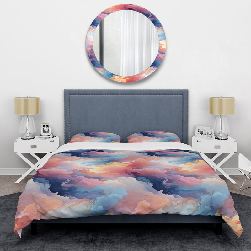 Ensemble de housse de couette abstrait multicolore bleu et rose Cloud Mirage II