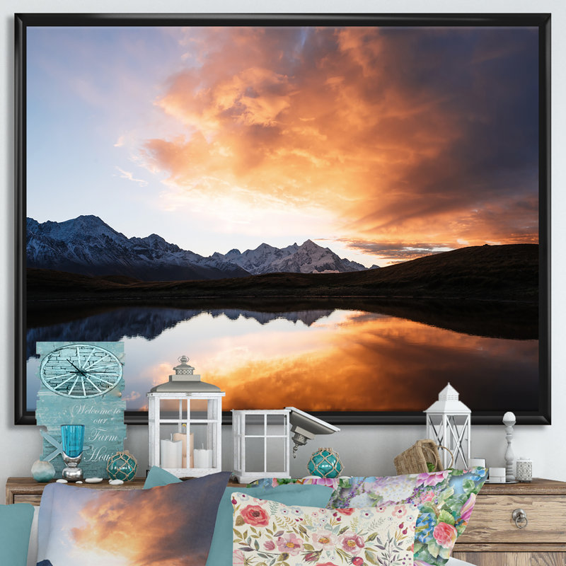 " Morning Sunsrise Mountainscape ", 36" H x 46" W x 1.5" D, Black Framed Canvas