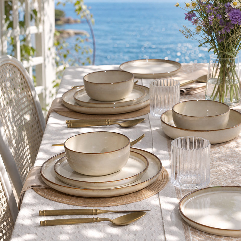  Service de table 16 pièces en grès avec bols à pâtes - Service pour 4, kaki clair,  Light khaki