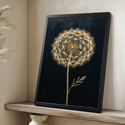 Tête de graine de pissenlit abstraite moderne: filaments dorés délicats rayonnant vers l'extérieur, style photographie d'art réaliste. Toile encadrée 24 "x 36" avec cadre en bois noir