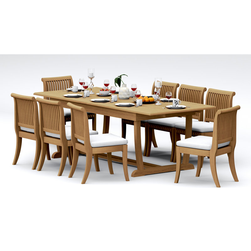 12 Seats 13 Pcs Grade-A Teak Wood Dining Set: 118" Double Extension Mas Rectangle Trestle Leg Table And 12 Giva Armless Chairs #11GV2500