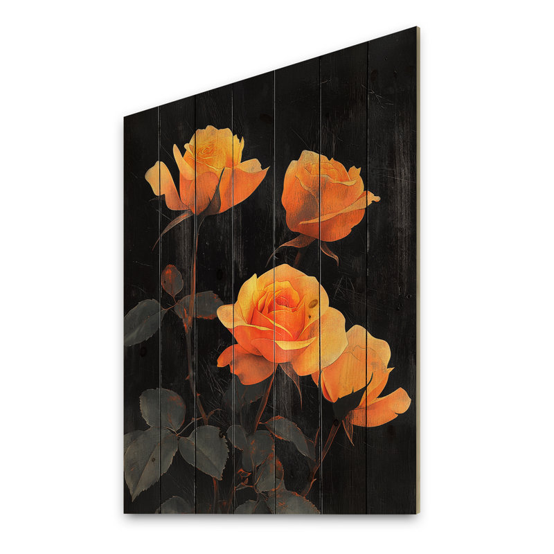 Midnight Vintage Rose Flowers Elegance II - Roses Wood Wall Art - On Natural Pine Wood, 40" H x 30" W x 0.78" D
