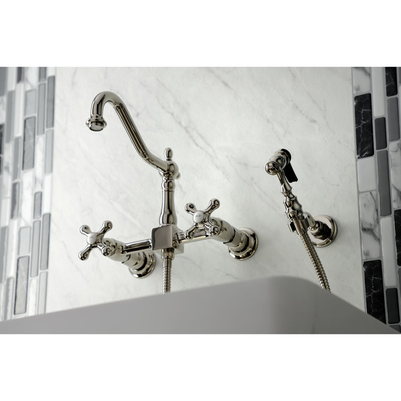 Kingston Brass Heritage Double-Handle Wall-Mount Bridge Kitchen Faucet, With Side Spray, Polished Nickel