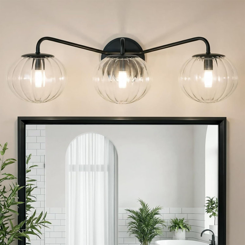 Contemporary Bathroom Vanity Light Fixture with Ribbed Clear Glass Globe Shades, Matte Black, 3 Lights