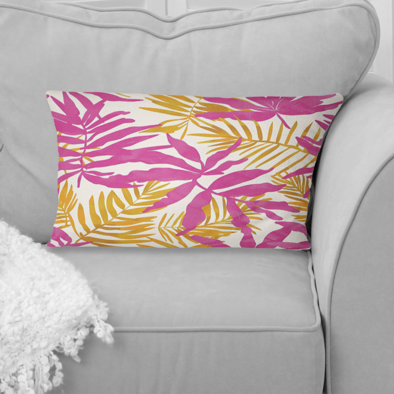 Coussin lombaire rose et jaune avec feuilles tropicales II