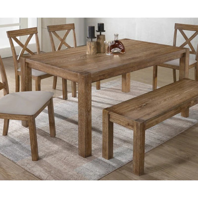 Transitional , 6 Pieces, Driftwood Dining , Rectangular Table, Side Chairs, "x" Window Frame, Bench, Natural Color Weave Pieces 4 Chairs With Frame An
