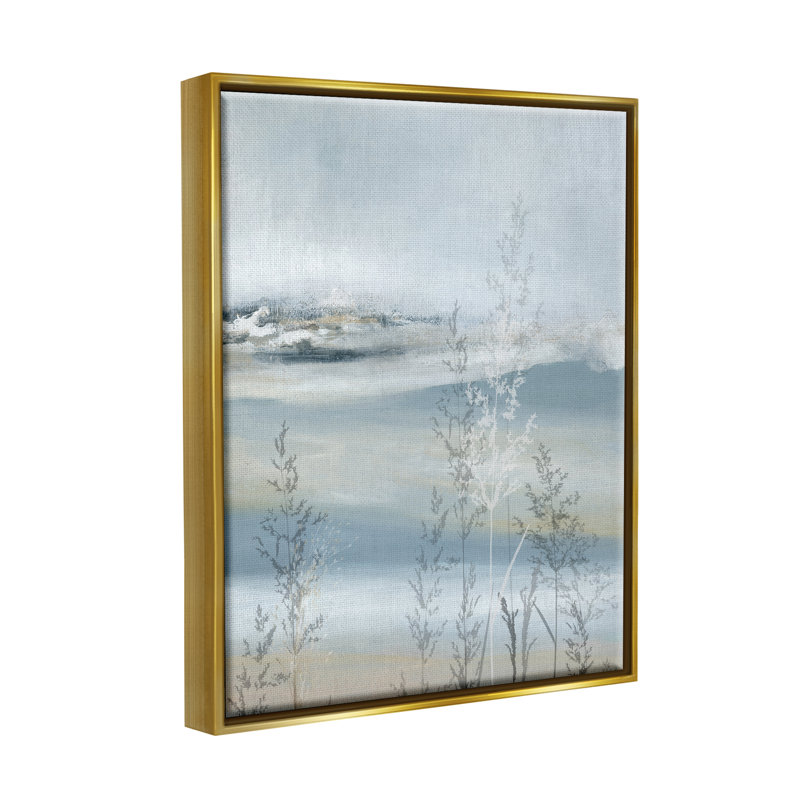 Paysage abstrait bleu, impression sur bois, Cadre flottant métallique doré, H 31 po x l 25 po x P 1,7 po