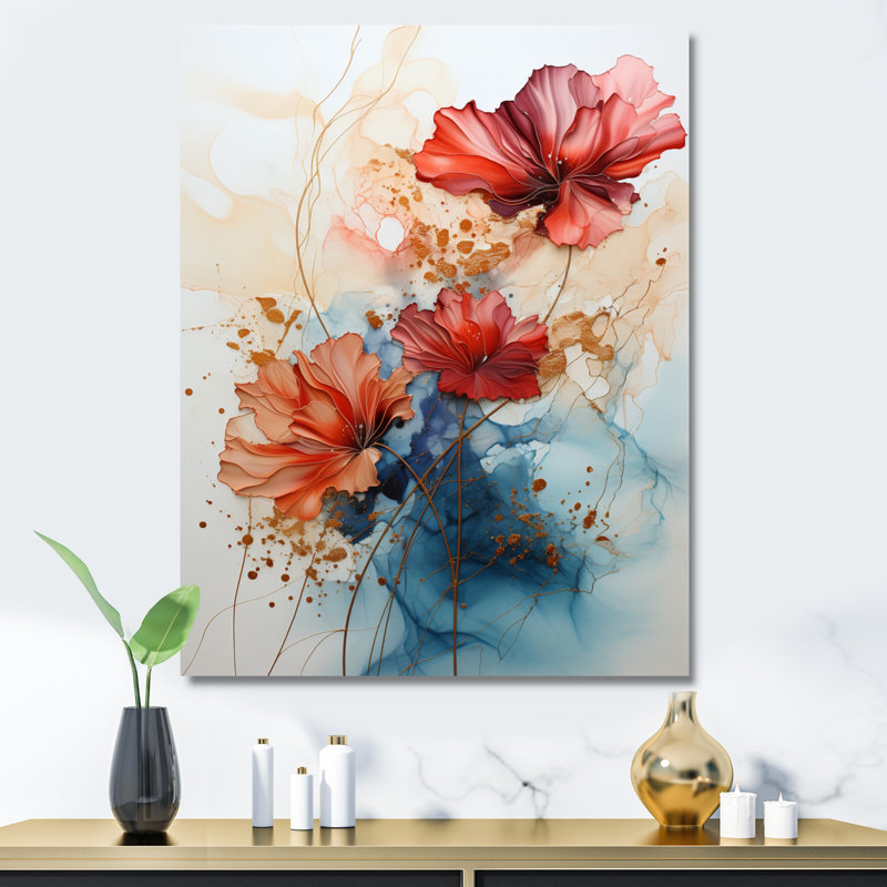 «Red Teal», art abstrait encadré de fractales, H 32 po x l 24 po x P 1 po, Toile tendue