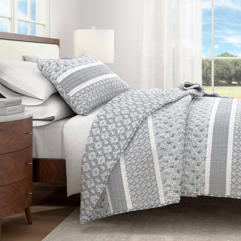 Ensemble de courtepointe réversible Paisley, Courtepointe double / grand + 2 taies décoratives, Gris