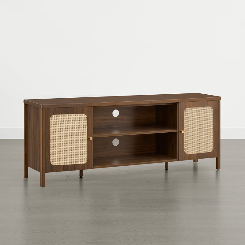  Boho TV Stand with Rattan Doors and Open Storage for TVs up to 70" , Walnut