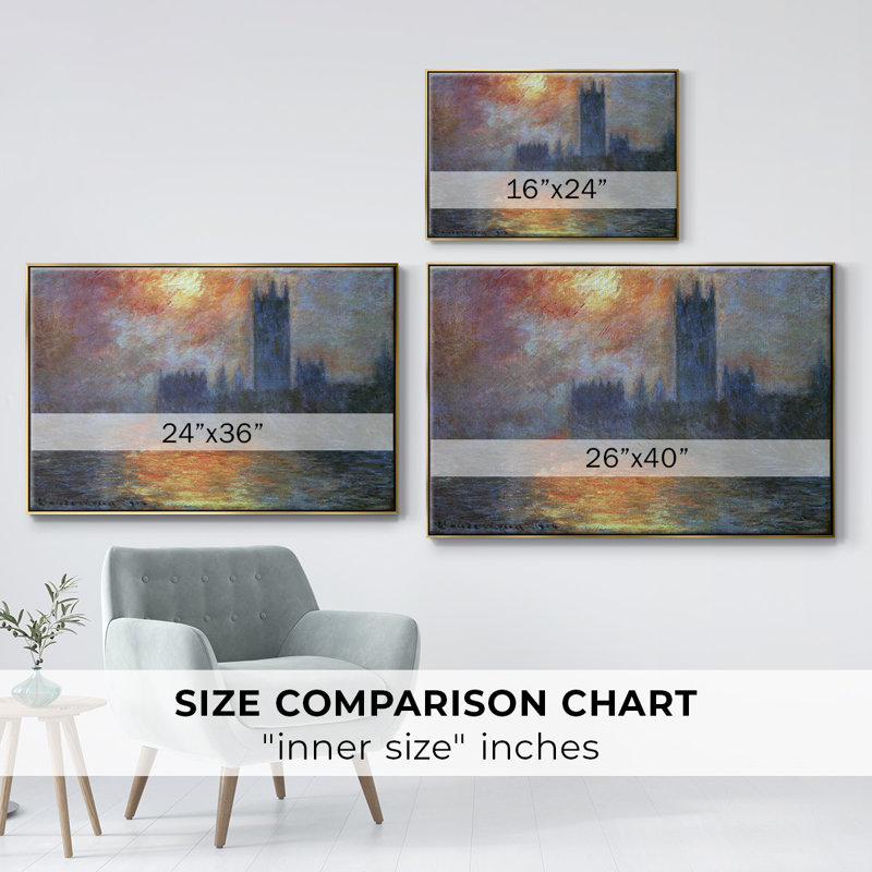 "The House of Parlement, Sunset" par Monet, reproduction d'art sur toile, H 27 po x l 41 po x P 2 po, Or