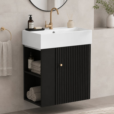 21.6" Wall Mounted Floating Bathroom Vanity with Ceramic Sink, Left Side Storage, Modern Compact Vanity for Small Bathroom