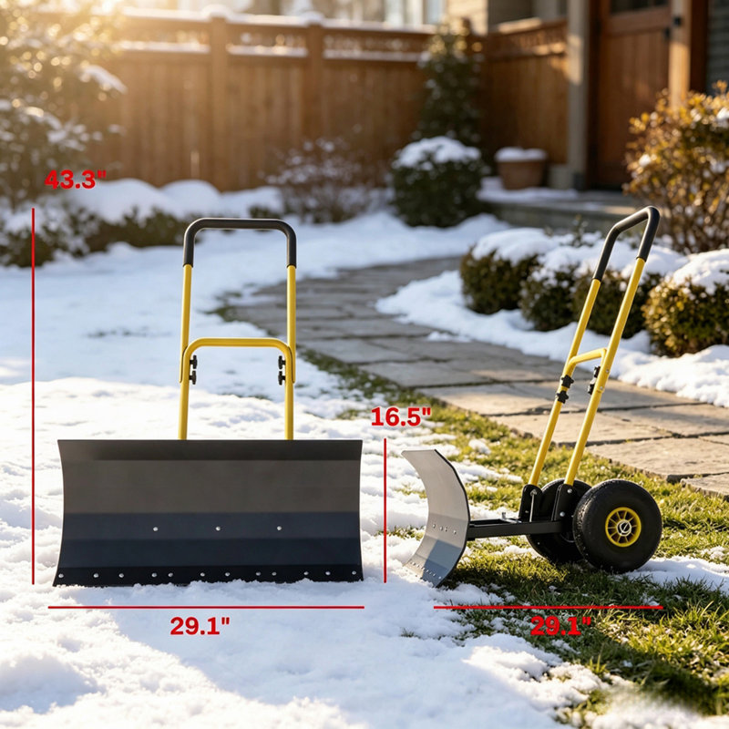 Yellow 29×16.5 Inch Wheeled Snow Pusher, Multi‑Angle Blade for Driveway Snow Clearing