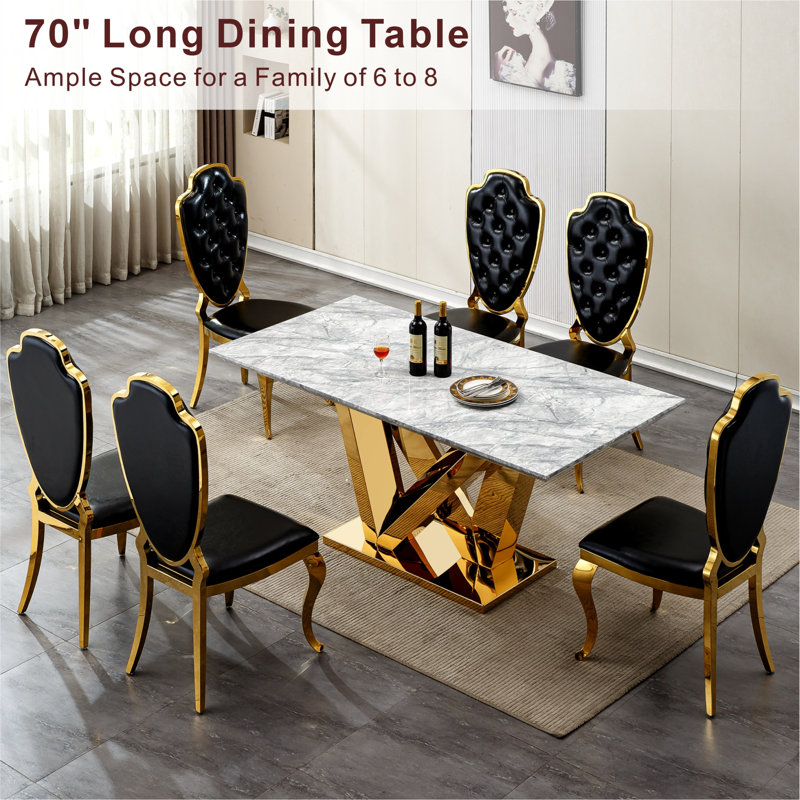Table de salle à manger moderne en faux marbre avec base en acier inoxydable, 70 po pour 6 à 8 personnes, grande table de cuisine rectangulaire